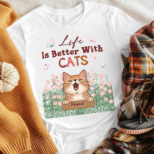 Personalized Life Is Better With Cats Flowers NI2003002XR T-Shirt