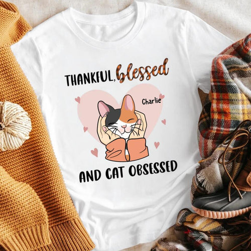 Personalized Thankful Blessed Cat Obsessed Fall T-Shirt