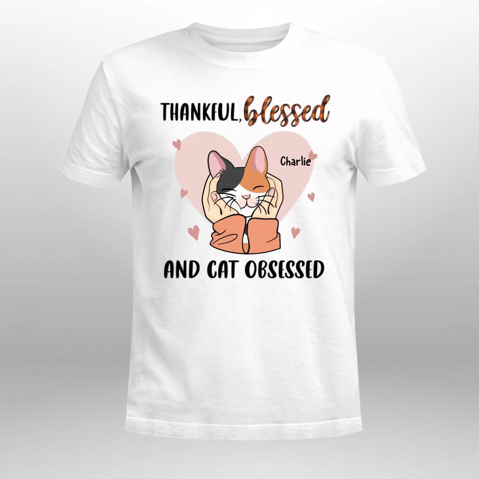 Personalized Thankful Blessed Cat Obsessed Fall T-Shirt