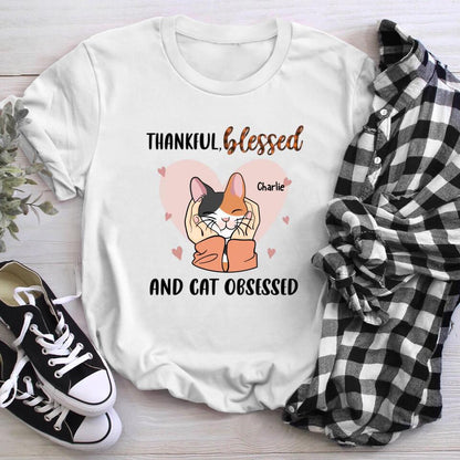 Personalized Thankful Blessed Cat Obsessed Fall T-Shirt