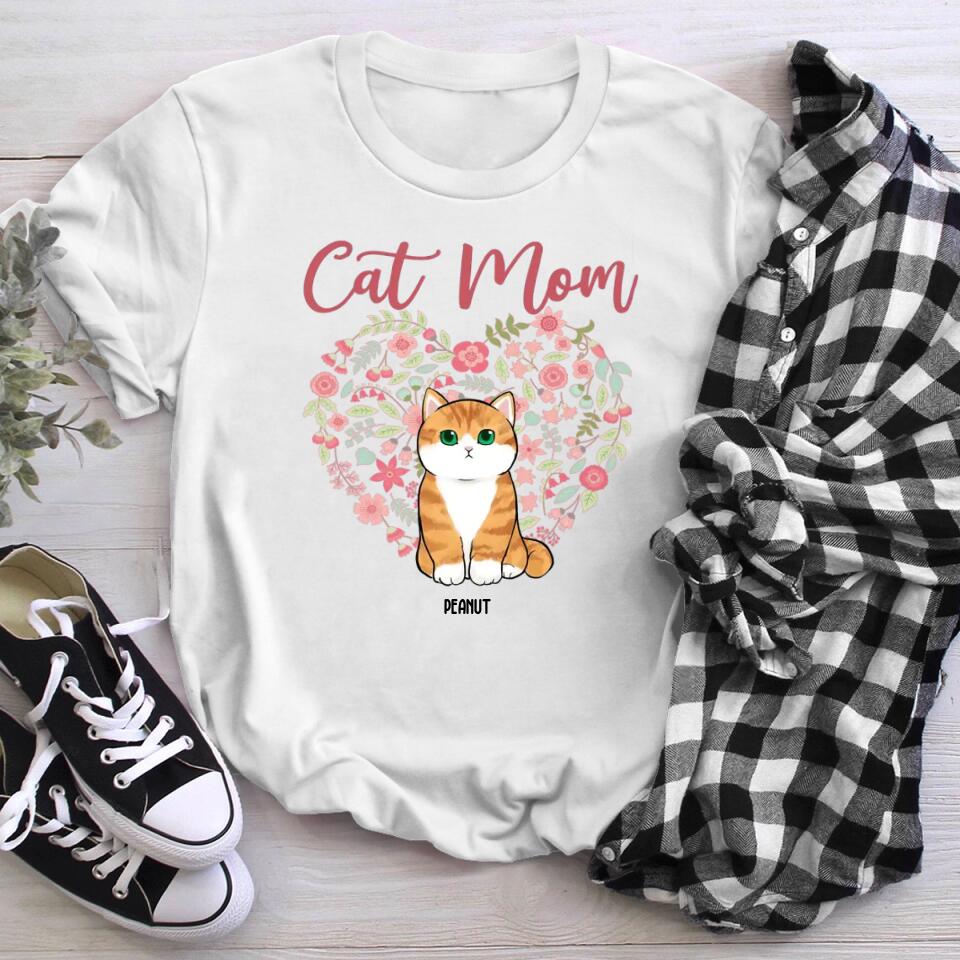 Personalized Cat Mom Floral Heart Chubby Cats T-Shirt