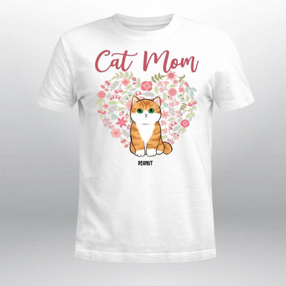 Personalized Cat Mom Floral Heart Chubby Cats T-Shirt