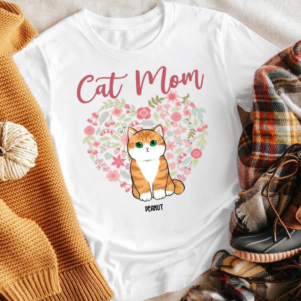 Personalized Cat Mom Floral Heart Chubby Cats T-Shirt