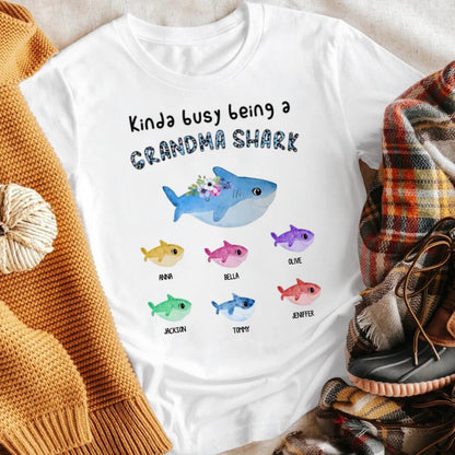 Personalized Kinda Busy Being A Grandma Shark T-Shirt