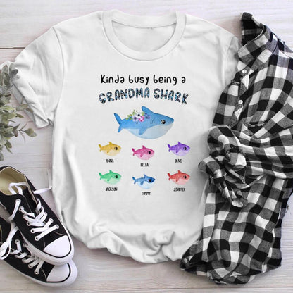 Personalized Kinda Busy Being A Grandma Shark T-Shirt