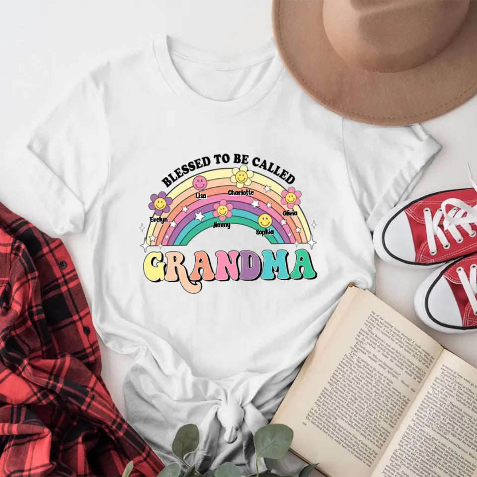 Personalized Colorful Rainbow Grandma Mom With Little Flower Kids XR2604002XY T-Shirt