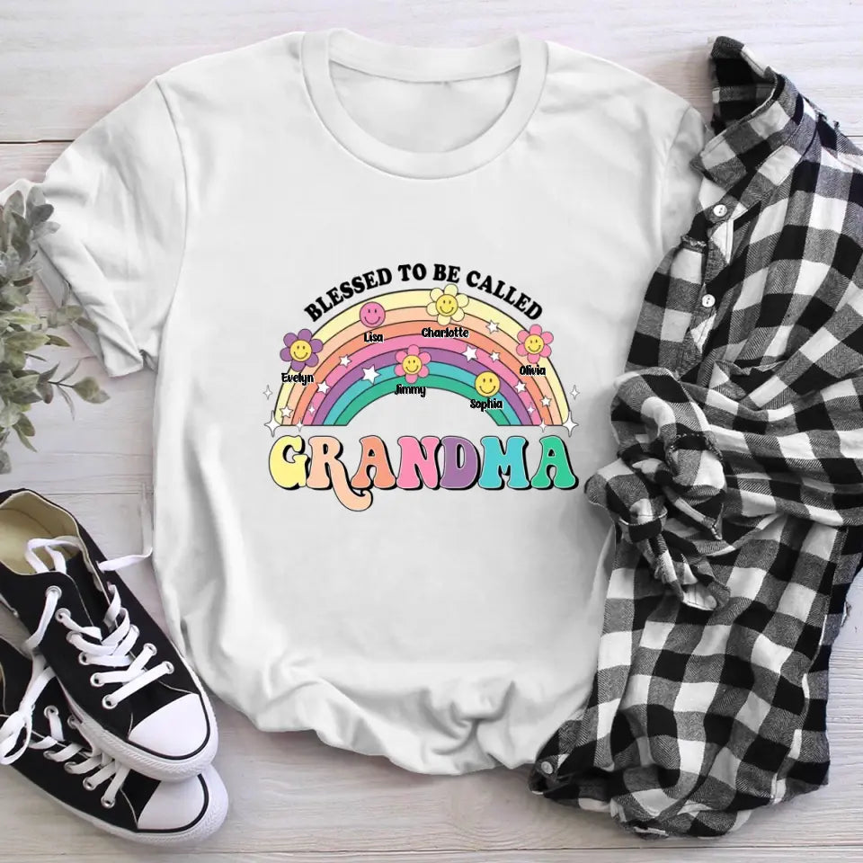 Personalized Colorful Rainbow Grandma Mom With Little Flower Kids XR2604002XY T-Shirt