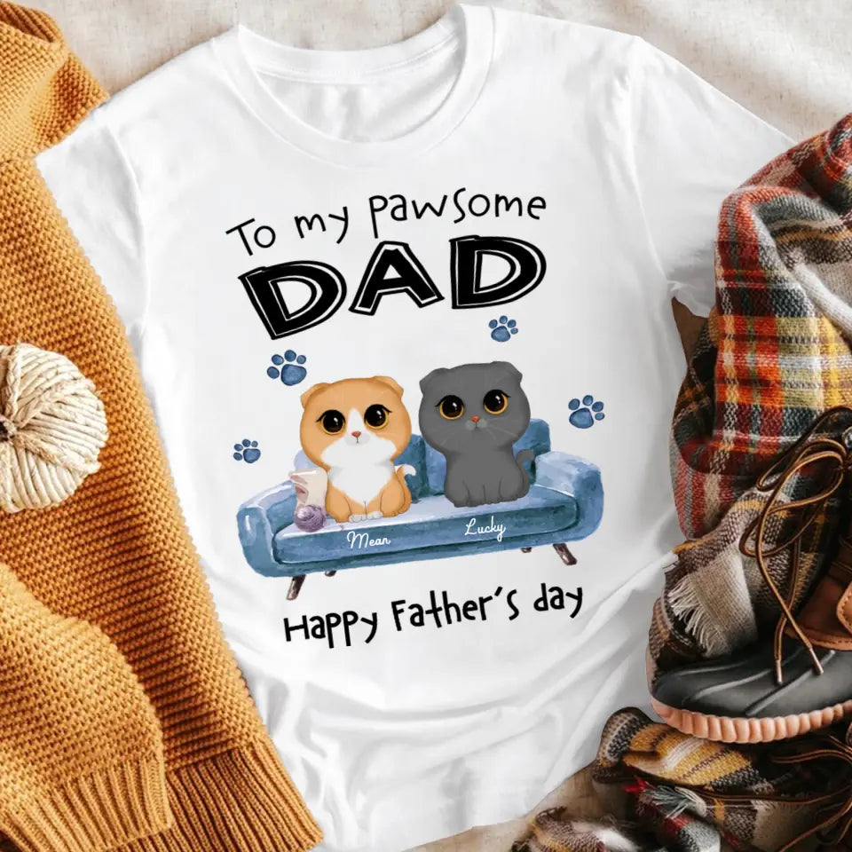 Personalized To Pawsome Dad Watercolor Cute Cat Sitting On Sofa T-Shirt