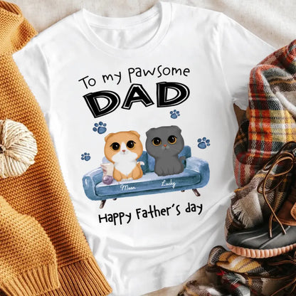 Personalized To Pawsome Dad Watercolor Cute Cat Sitting On Sofa T-Shirt