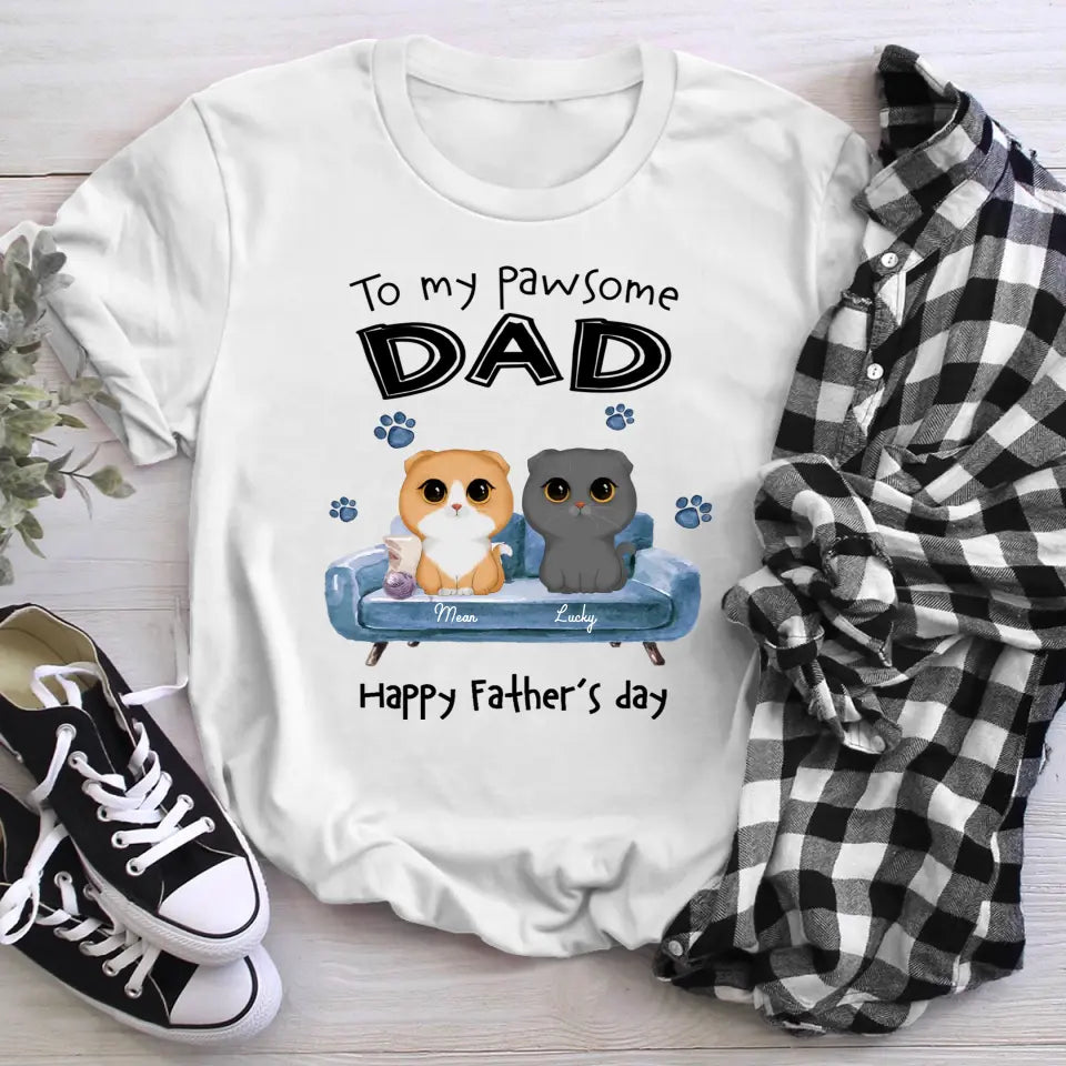 Personalized To Pawsome Dad Watercolor Cute Cat Sitting On Sofa T-Shirt