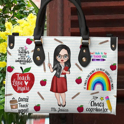 Personalized Teach Love Inspire Teacher 2 Leather Bag