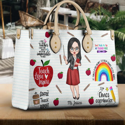 Personalized Teach Love Inspire Teacher 2 Leather Bag