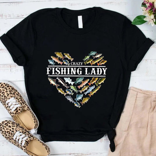 Crazy Fishing Lady XR1402014CL T-Shirt - Cuztom Gift